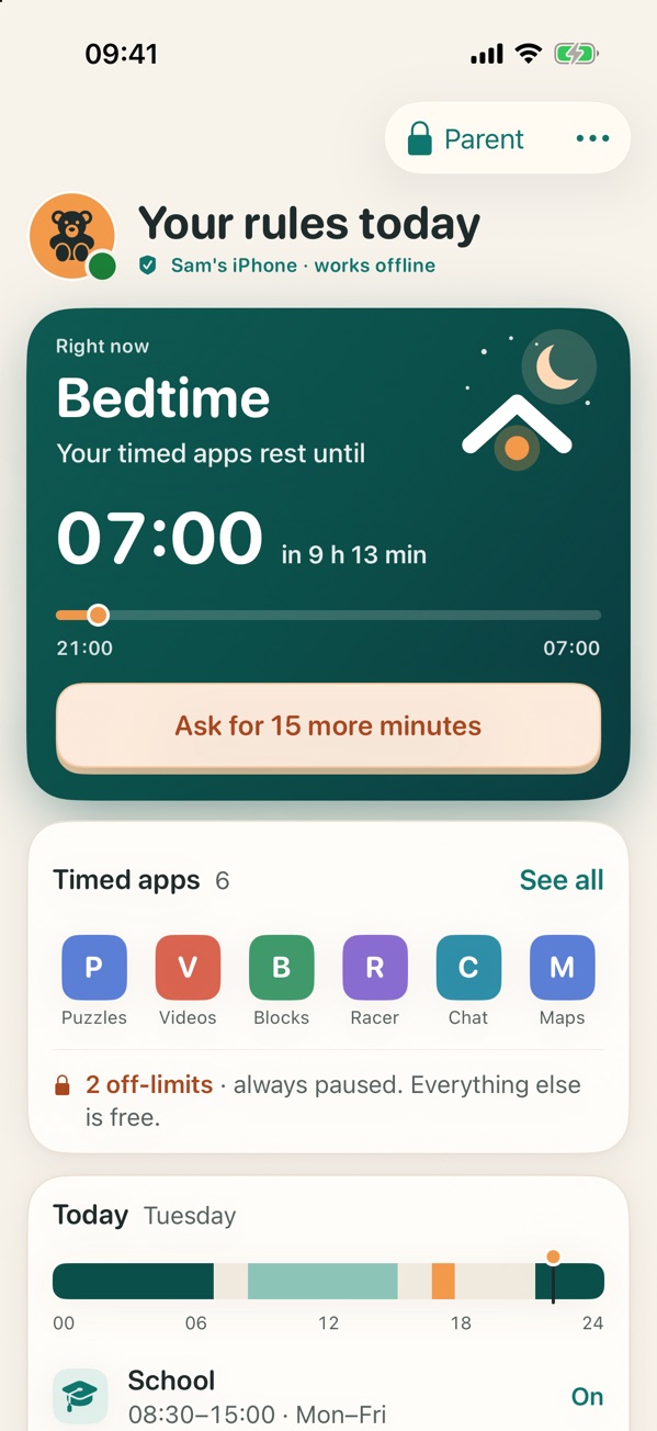 Step 3. A child's iPhone at bedtime: the timed apps rest until 07:00, with a button to ask for 15 more minutes and the day's times below.