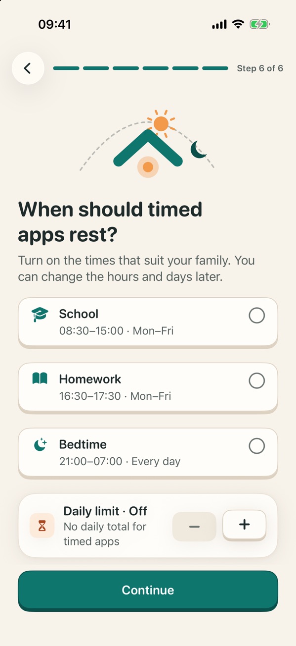 Step 1. The setup asks when timed apps should rest: School 08:30 to 15:00, Homework 16:30 to 17:30, Bedtime 21:00 to 07:00, and a daily limit that starts switched off.